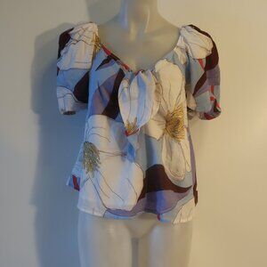 Womens Antik Batik Blue Multicolor Front Twist Floral Blouse Tunic Top S